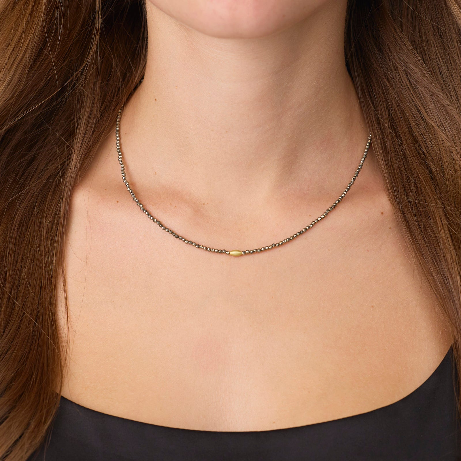 Pyrite Necklace with Gold Rice Bead