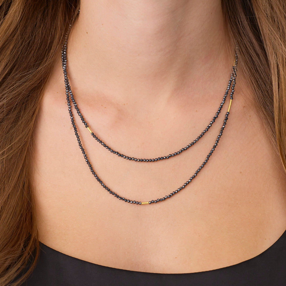 Long Hematite Necklace with Gold Beads