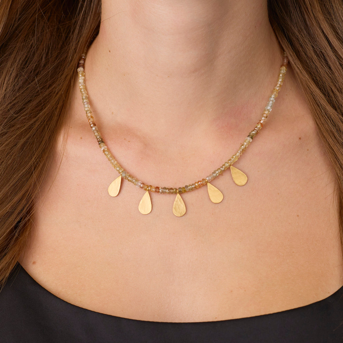 Zircon Beaded Necklace with Hammered Gold Teardrops