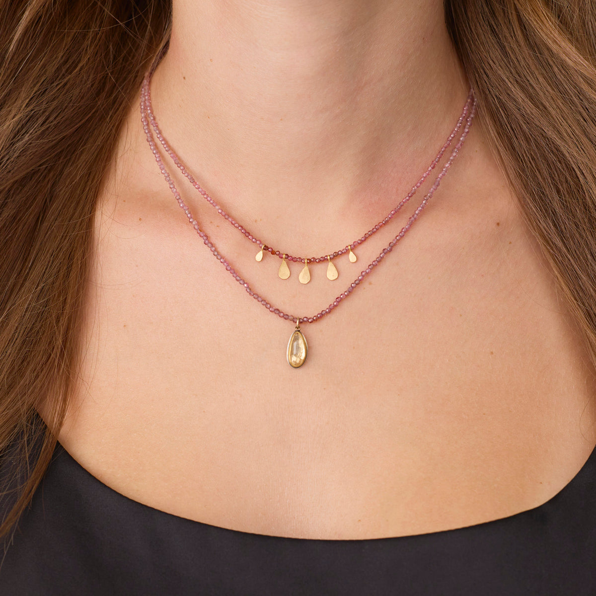 Ombre Sapphire Beaded Necklace with Gold Teardrops