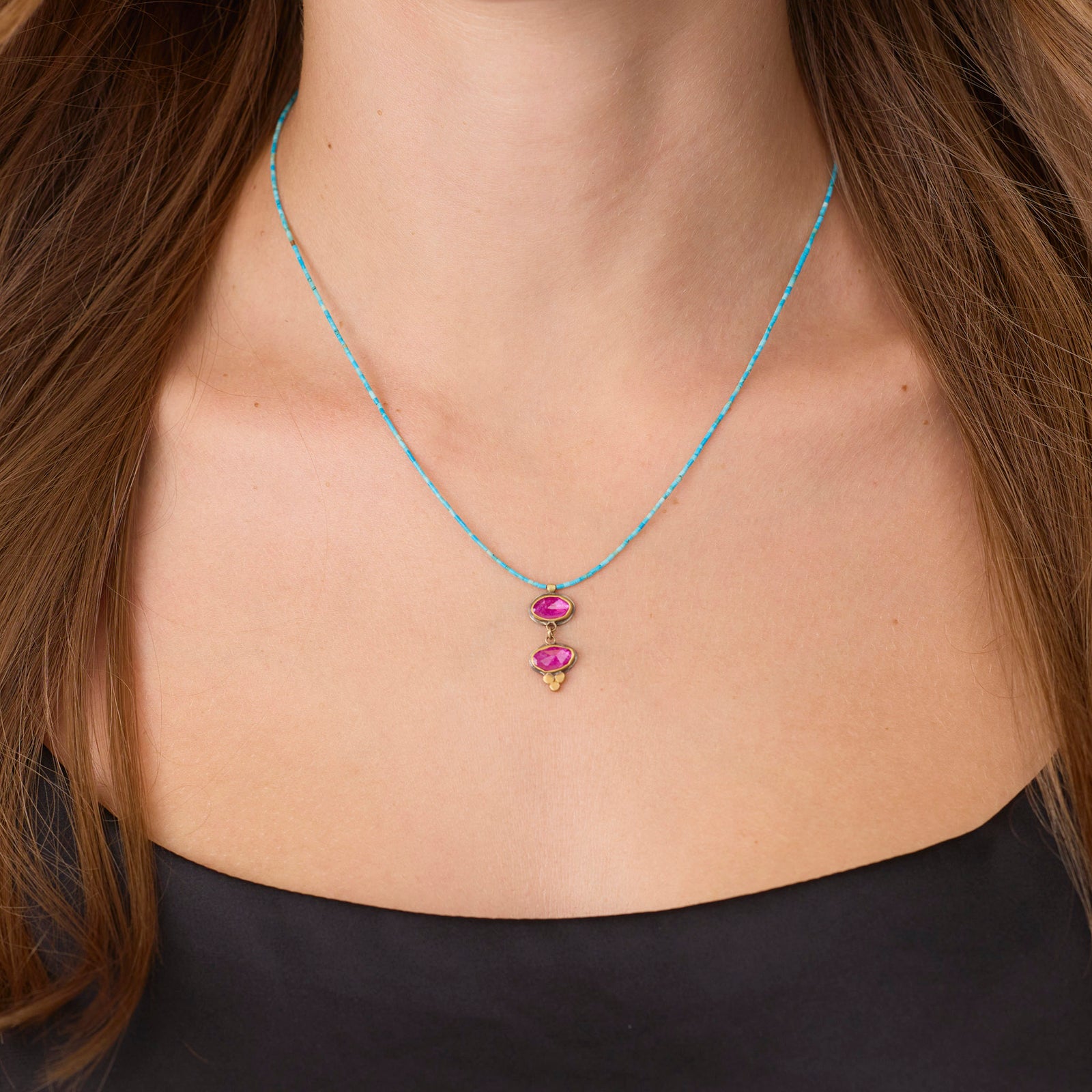 Turquoise and Ruby Double Pendant Necklace