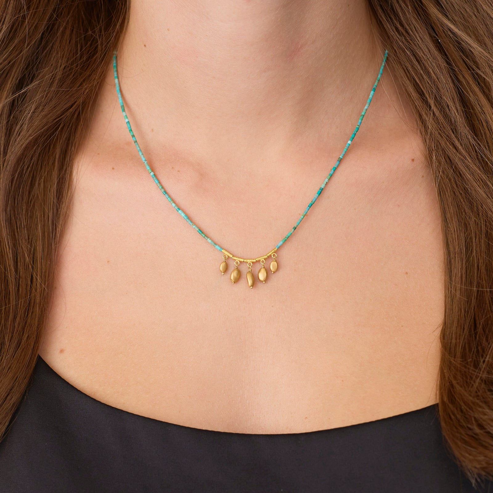 Turquoise Necklace with Five Gold Drops