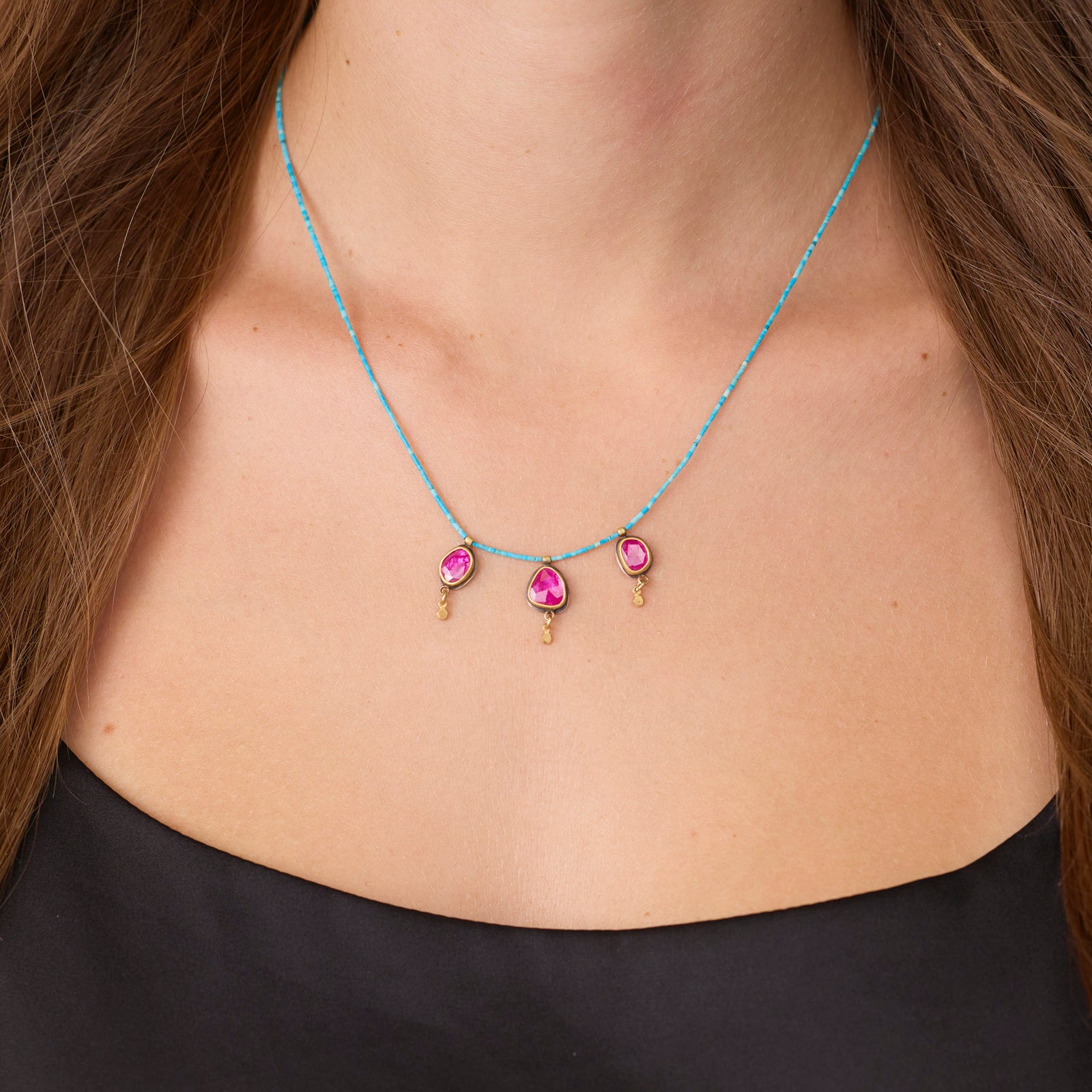 Turquoise Beaded Necklace with Rubies