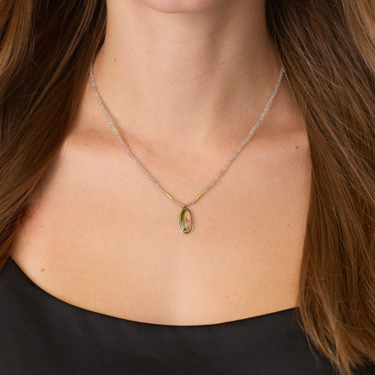 Labradorite Beaded Necklace with Tourmaline Pendant