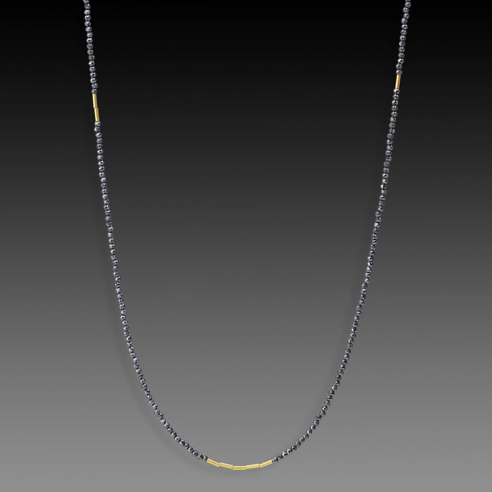 Long Hematite Necklace with Gold Beads