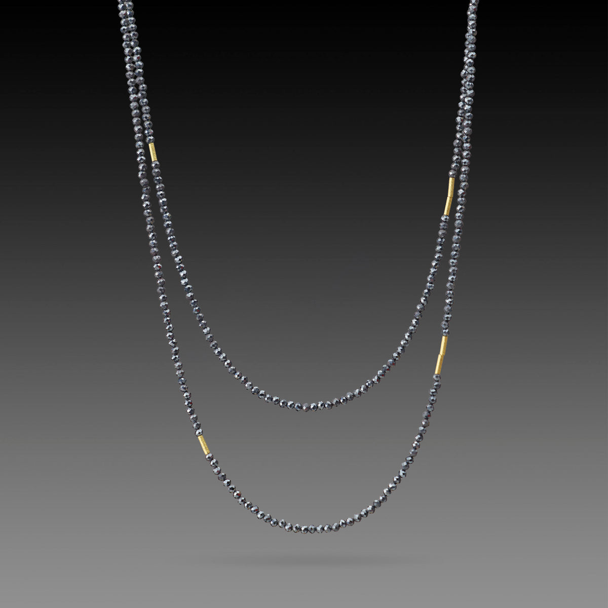Long Hematite Necklace with Gold Beads
