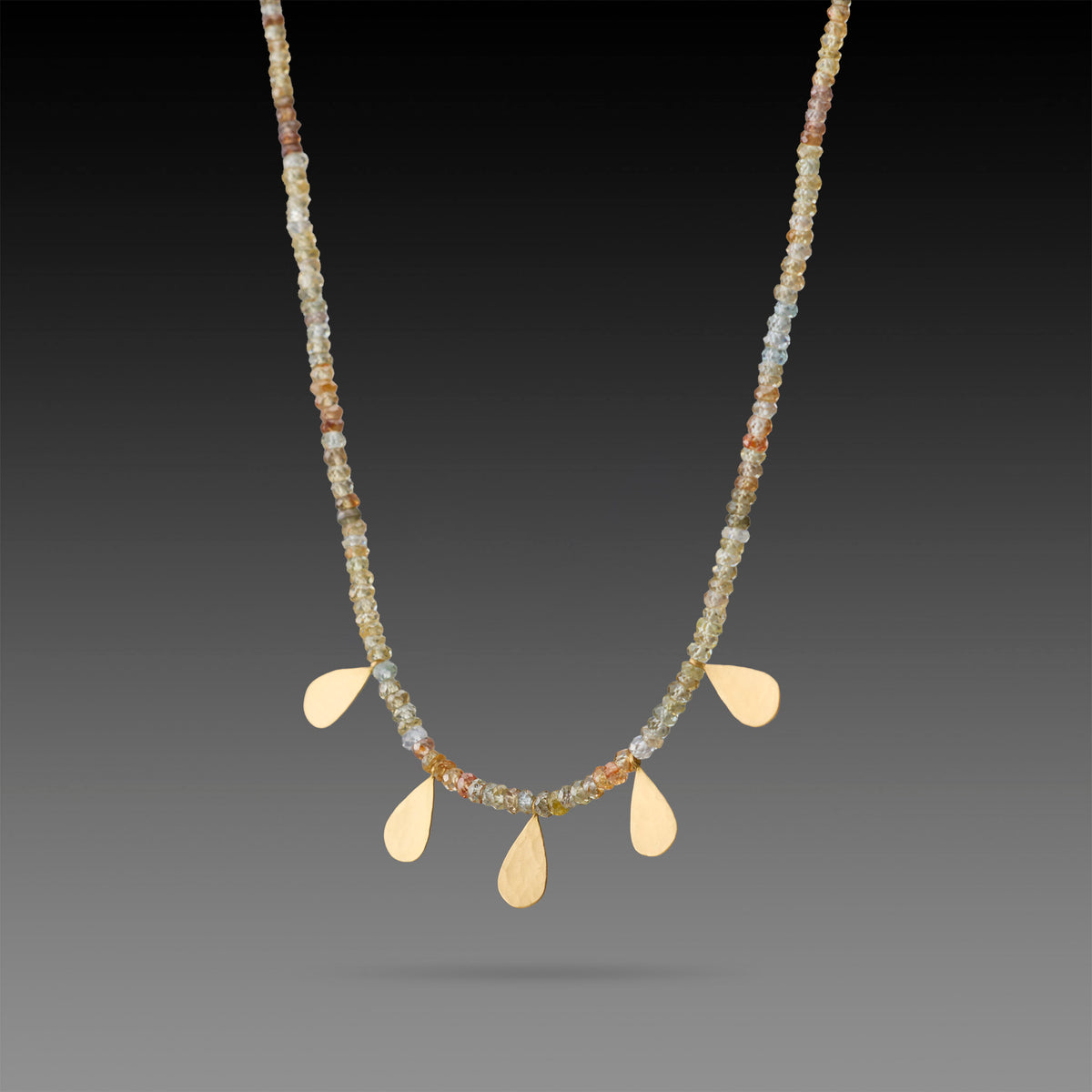 Zircon Beaded Necklace with Hammered Gold Teardrops