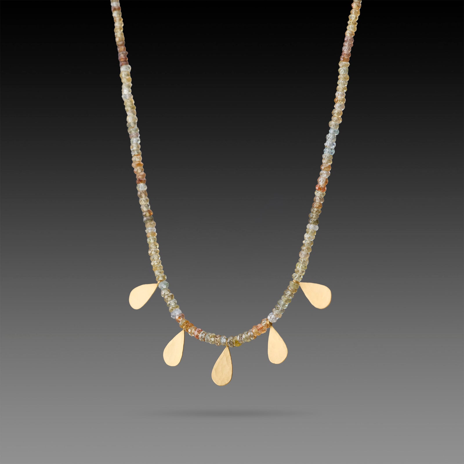 Zircon Beaded Necklace with Hammered Gold Teardrops