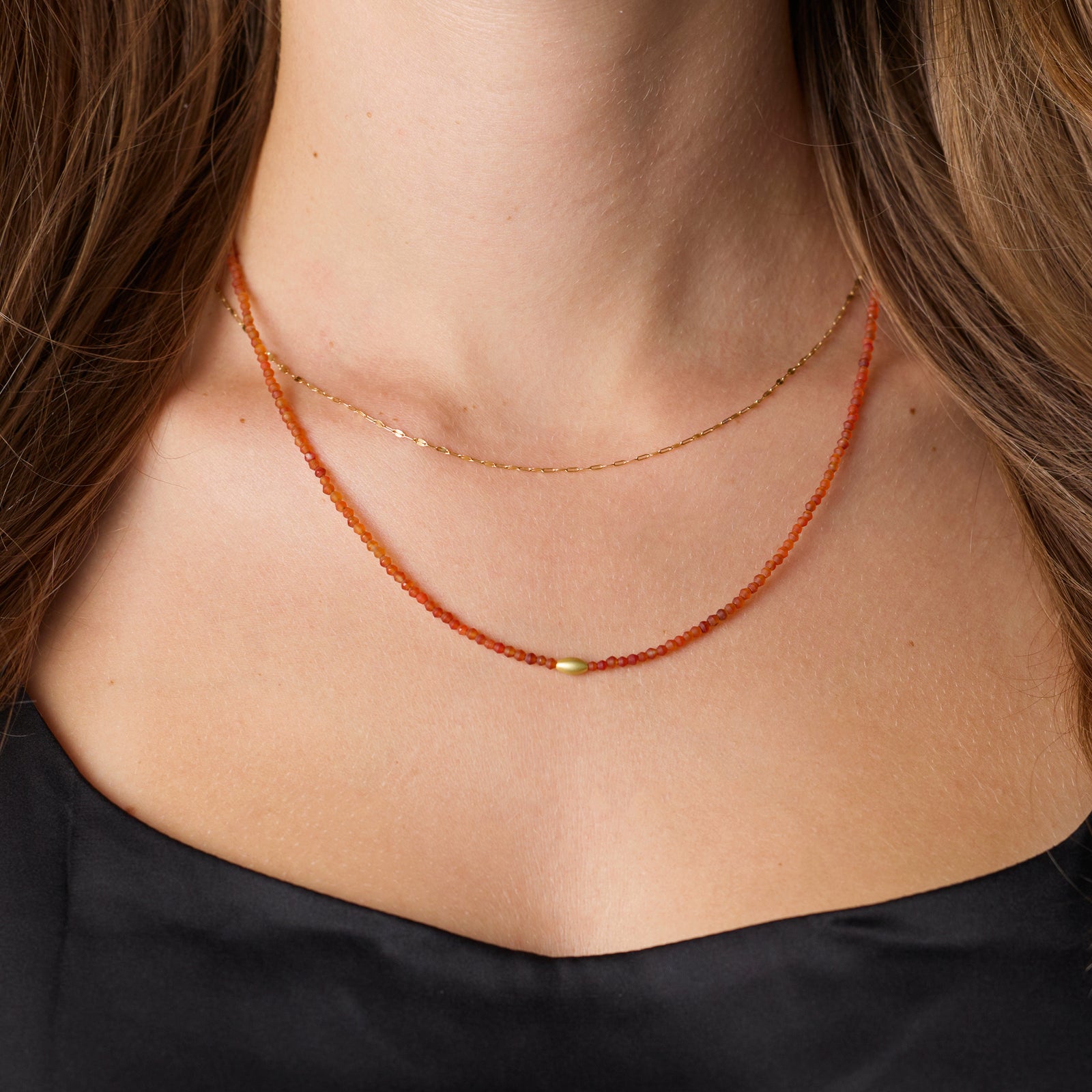 Carnelian Necklace with Gold Rice Bead