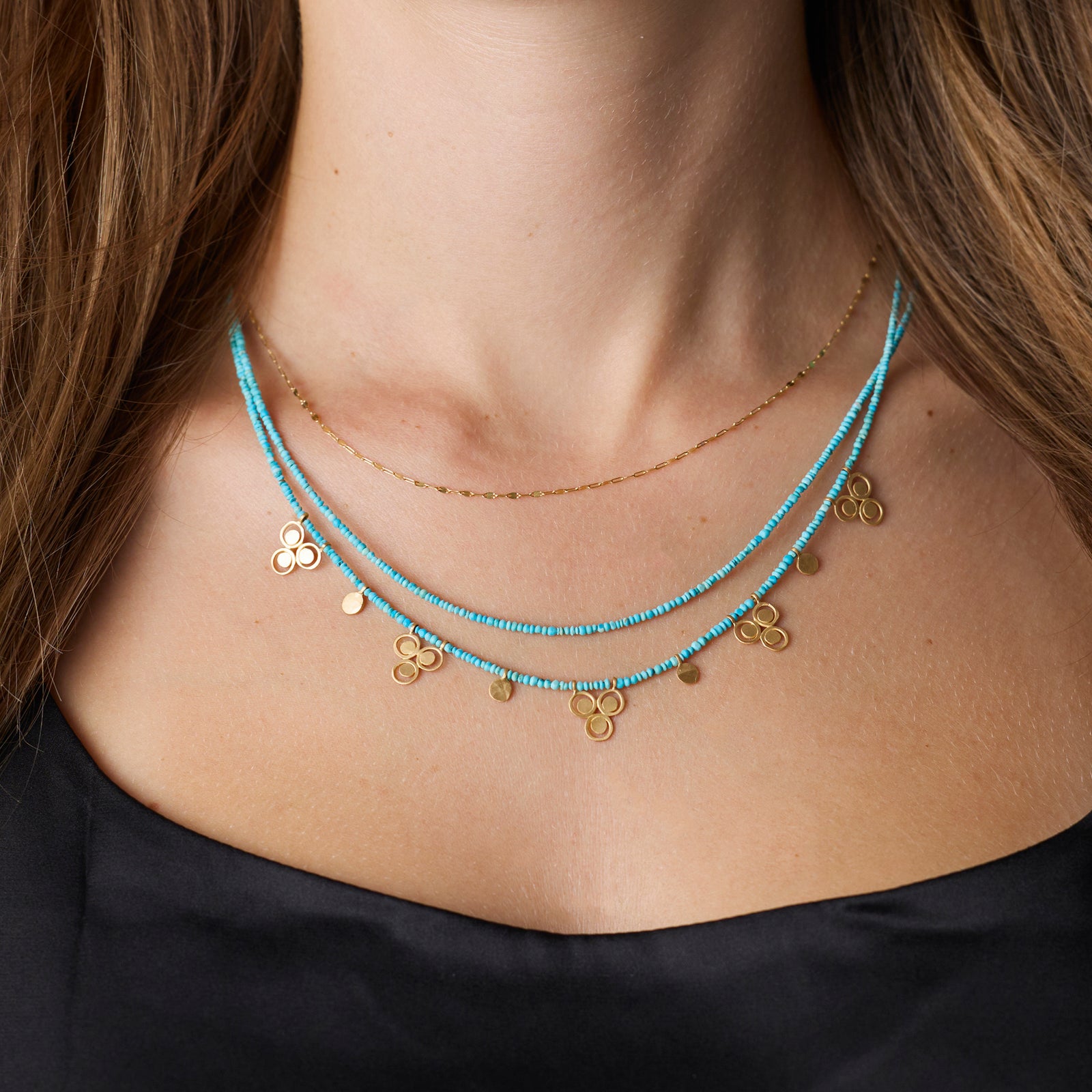 Turquoise Bead Necklace with 22k Filigree Trios