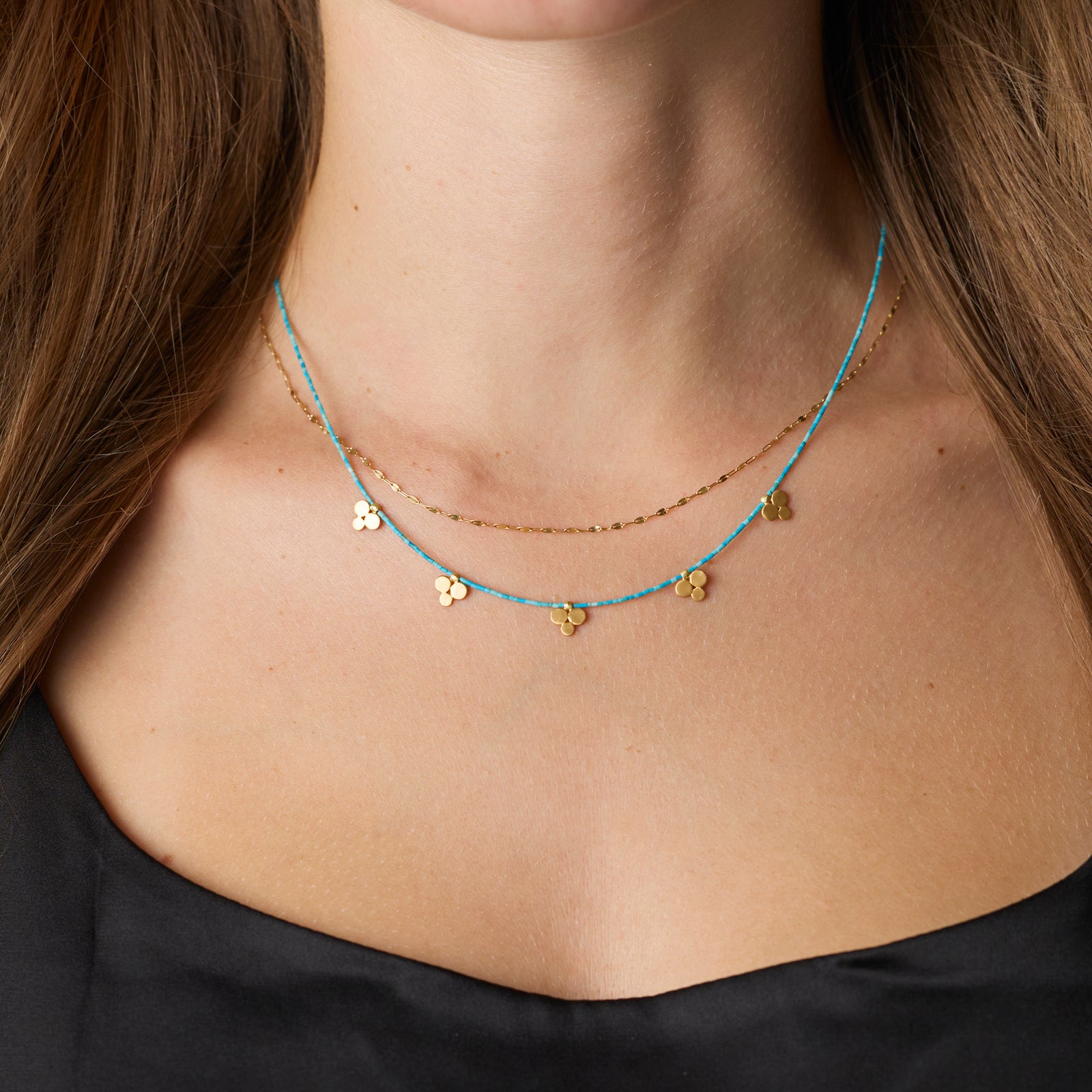 Turquoise Beaded Necklace with Small 22k Trios