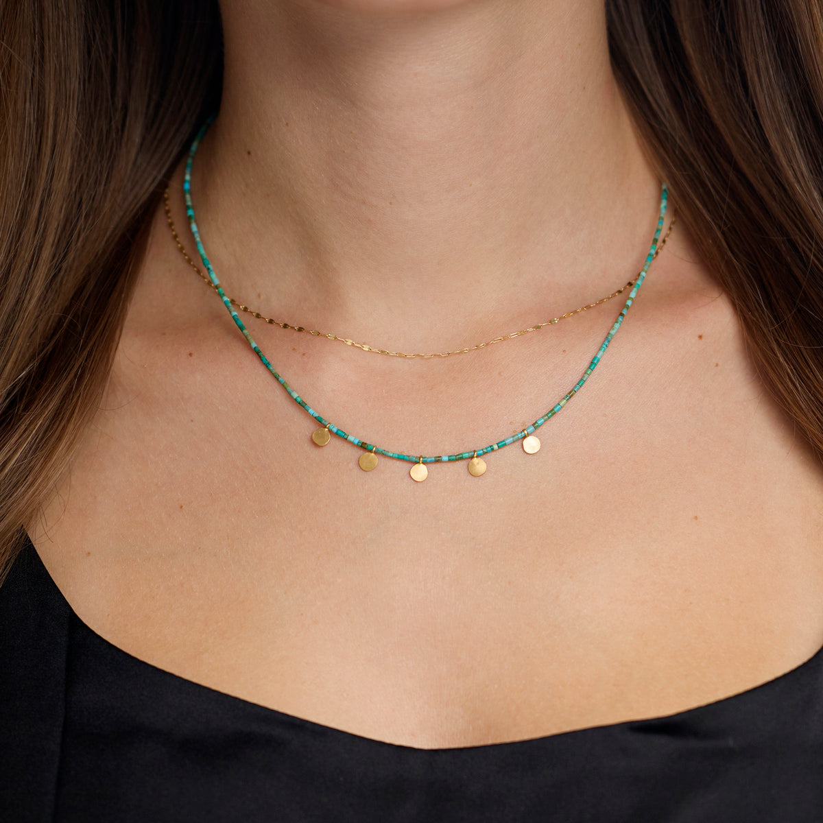 Gold Disk and Turquoise Beaded Necklace