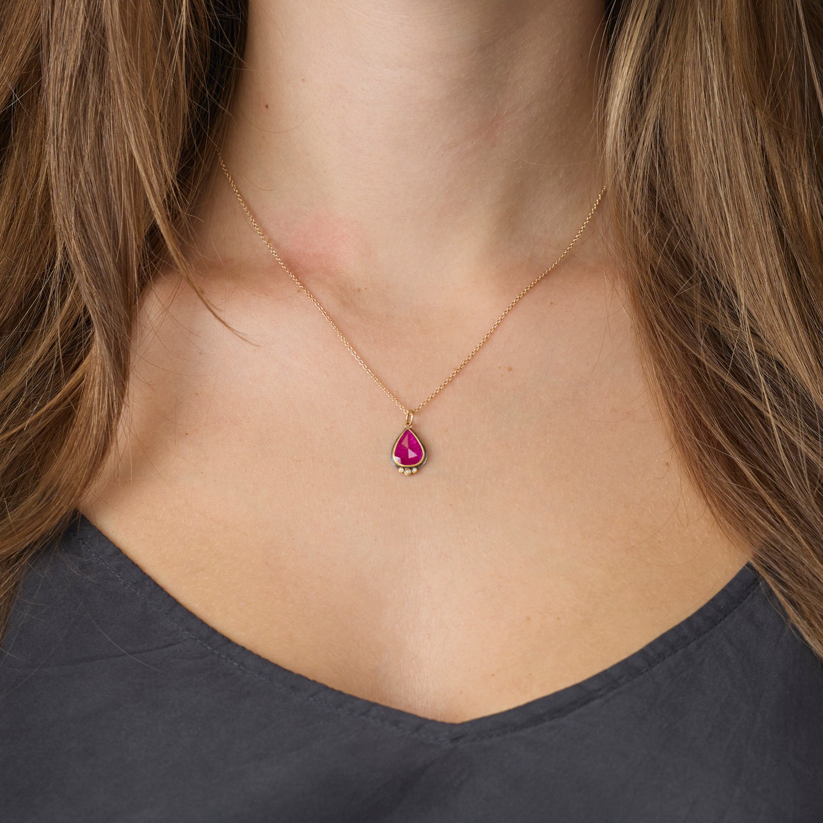 Ruby Teardrop Necklace with Diamond Trio