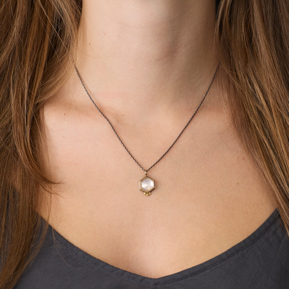 Rose Quartz Hexagon Necklace with 22k Dots