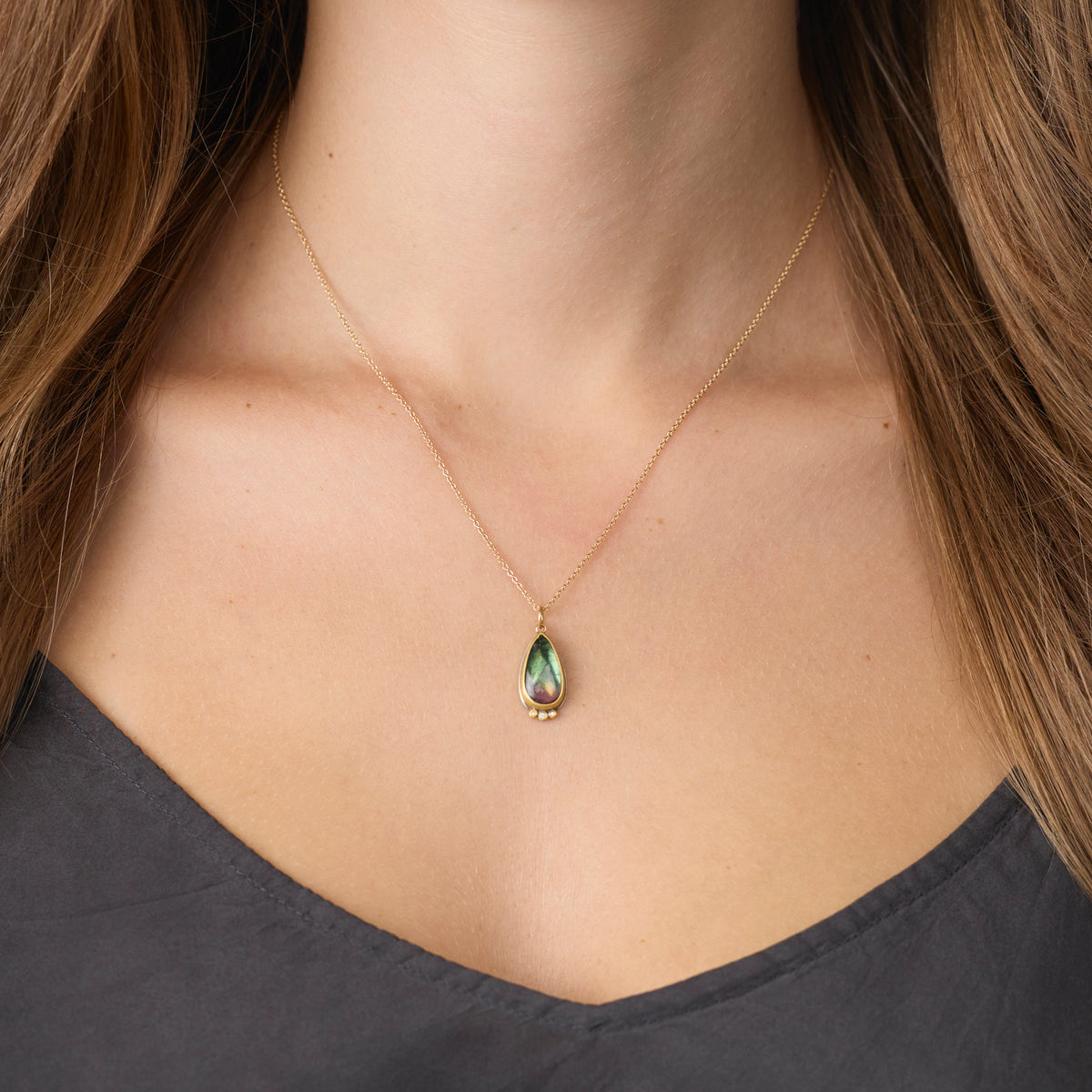 Watermelon Tourmaline Teardrop Necklace with Diamond Trio