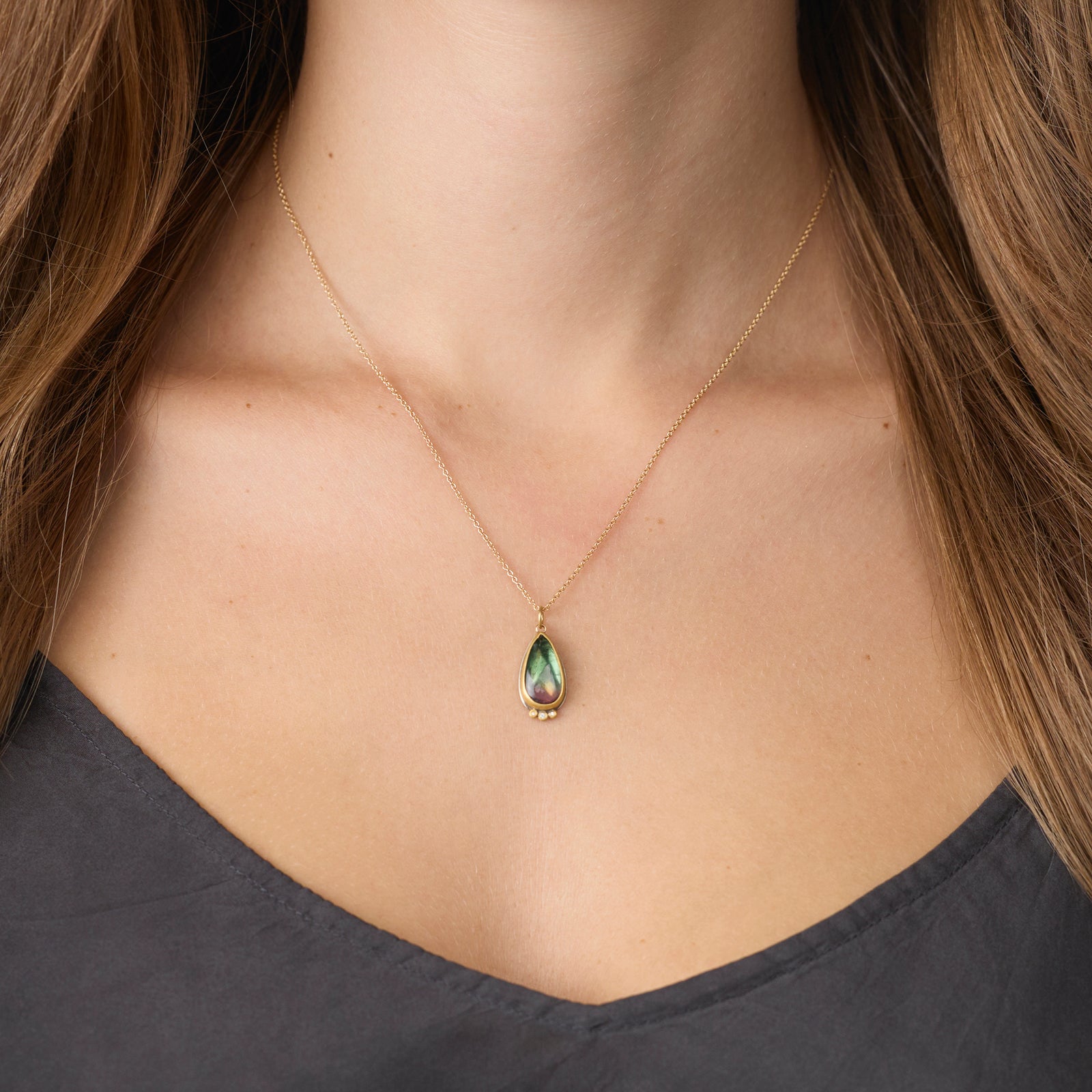 Watermelon Tourmaline Teardrop Necklace with Diamond Trio