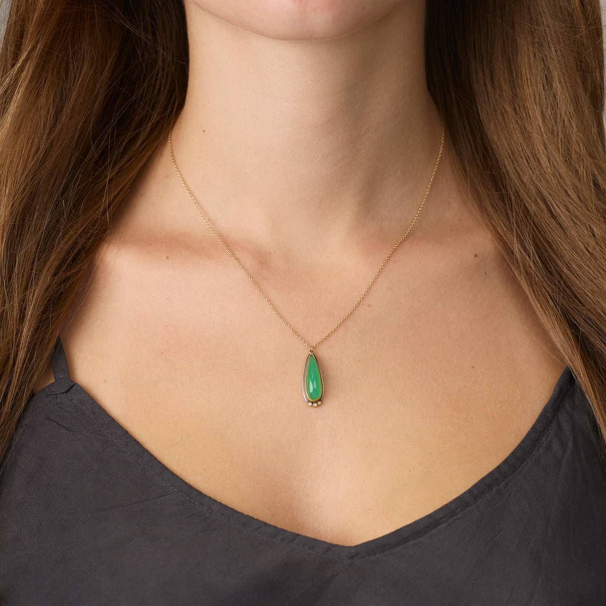 Chrysoprase Teardrop Necklace With Diamonds