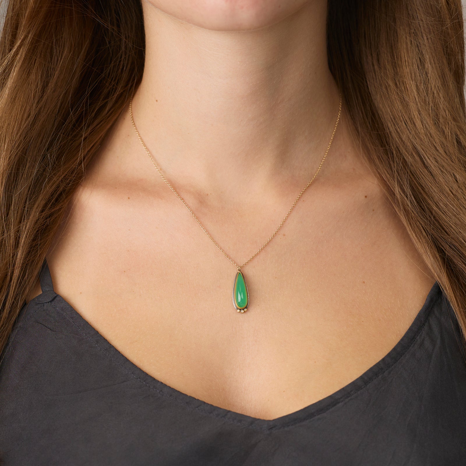 Chrysoprase Teardrop Necklace With Diamonds