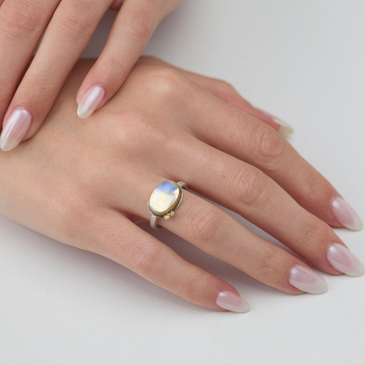 Moonstone Ring with Diamond Duo