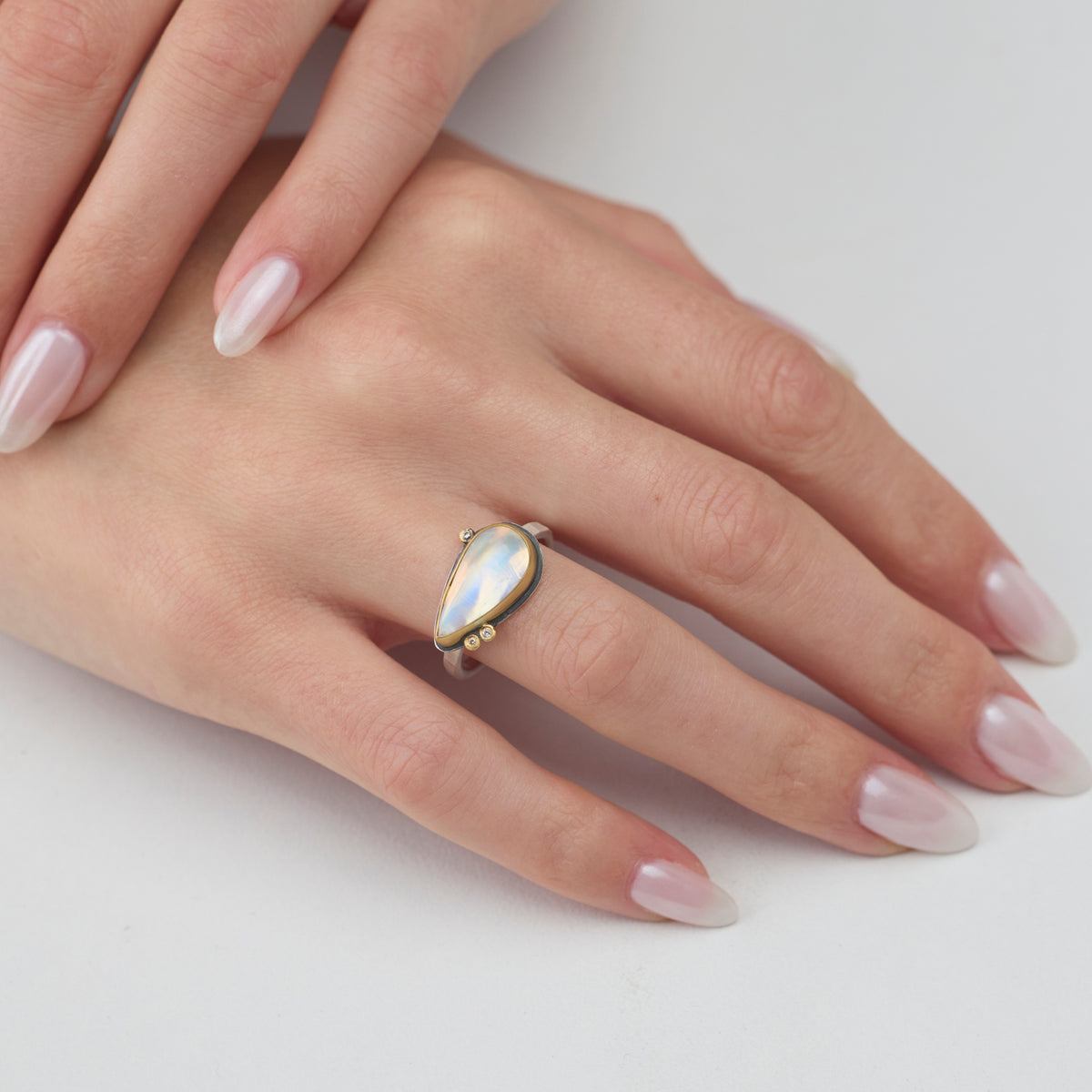 East West Moonstone Teardrop Ring with Diamonds