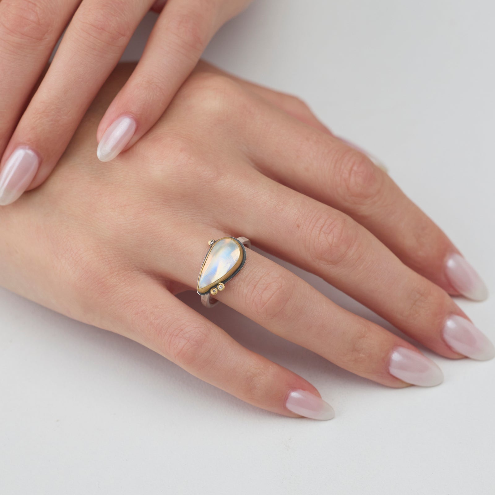 East West Moonstone Teardrop Ring with Diamonds