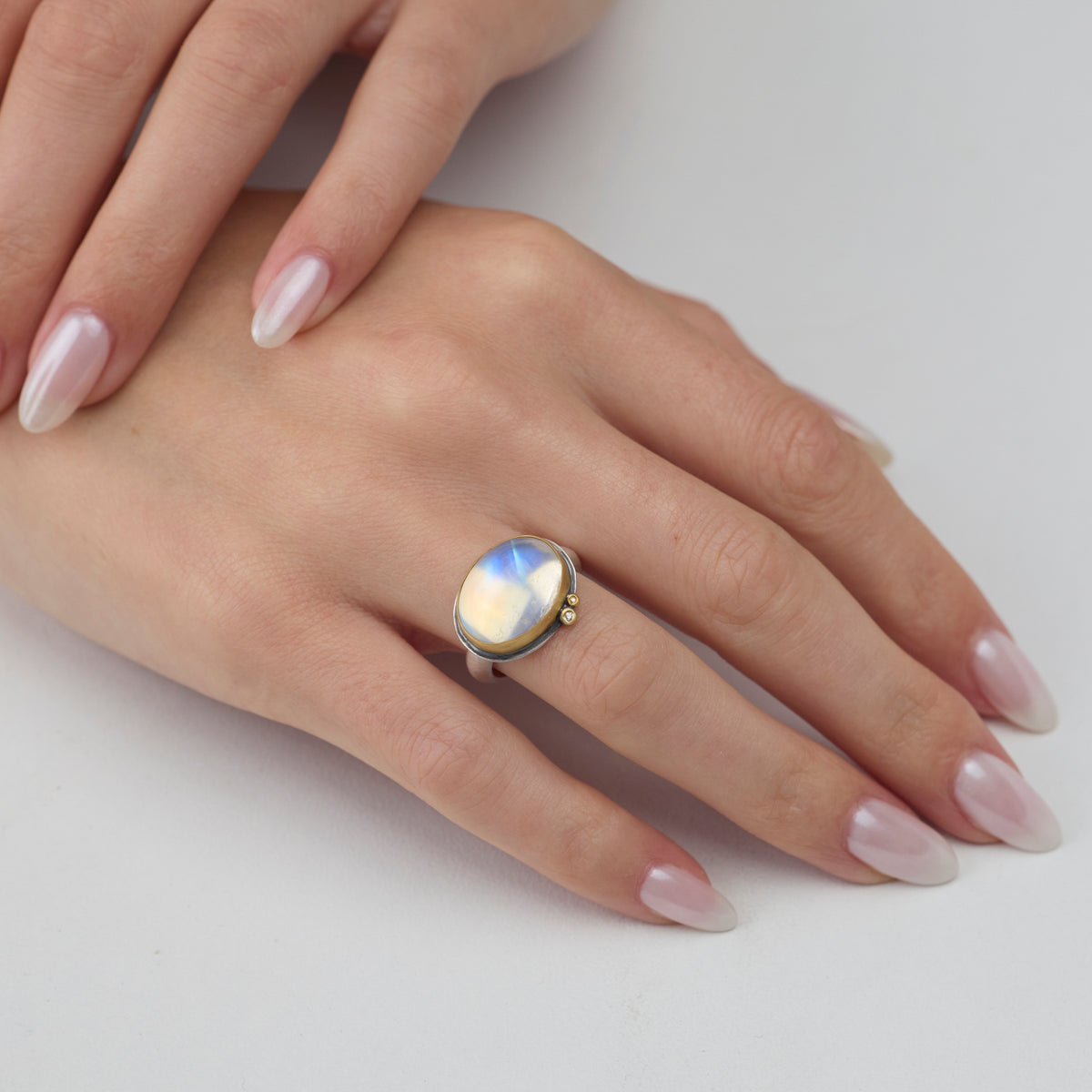 Moonstone Ring with Diamond Duo