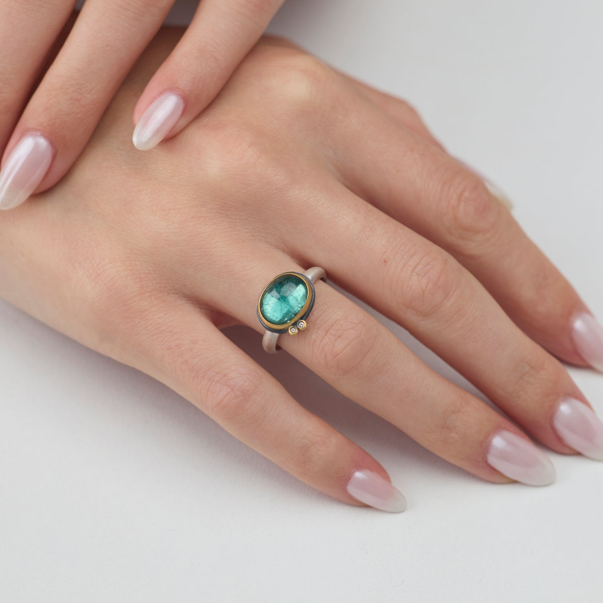 Teal Tourmaline Ring with Diamond Duo