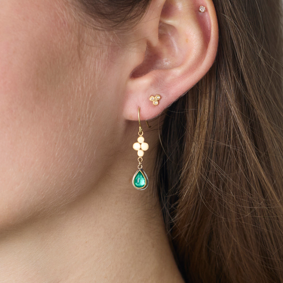 Emerald Teardrop Earrings with Gold Quad