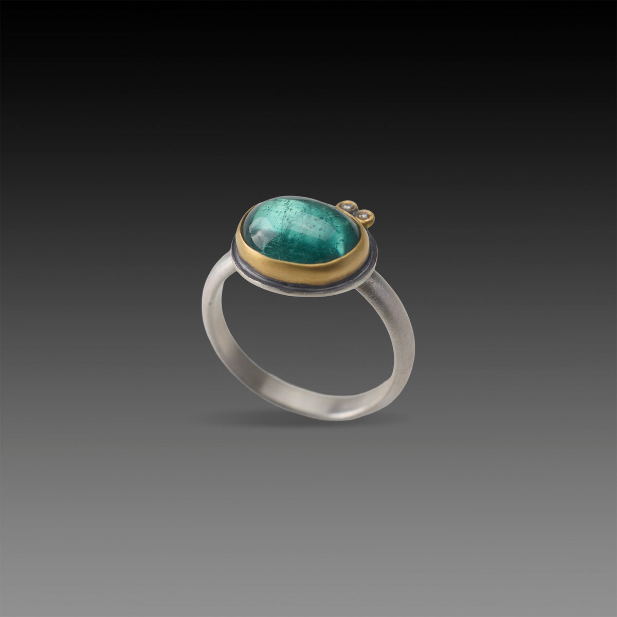 Teal Tourmaline Ring with Diamond Duo