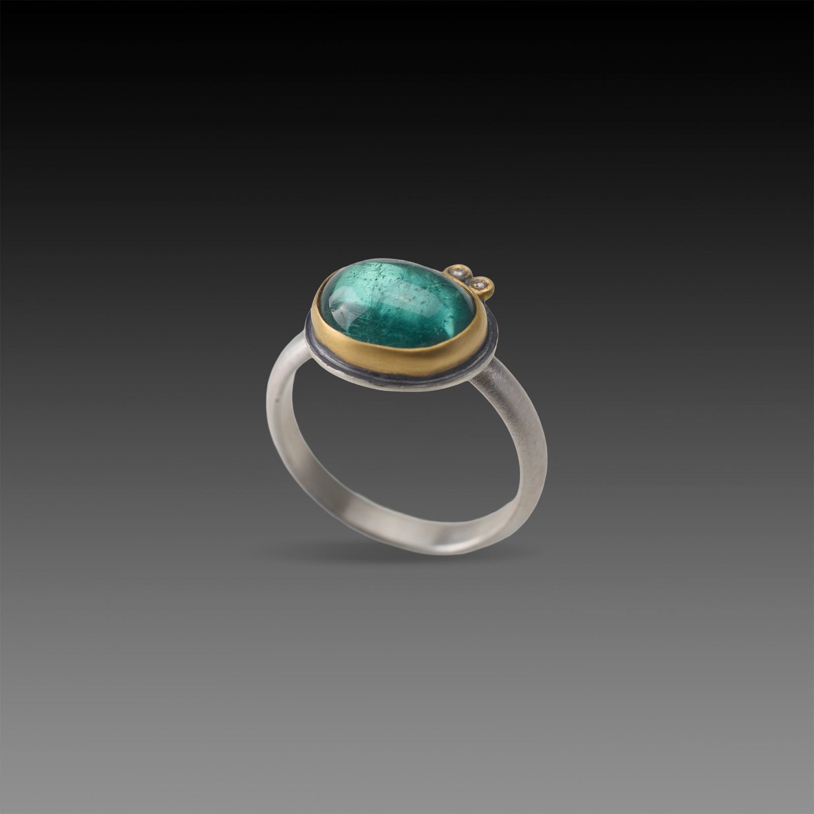 Teal Tourmaline Ring with Diamond Duo