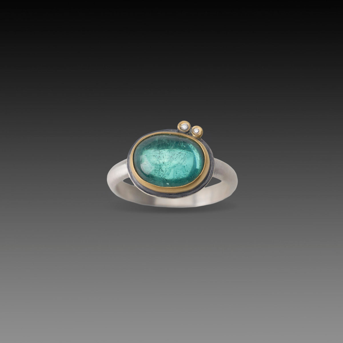 Teal Tourmaline Ring with Diamond Duo