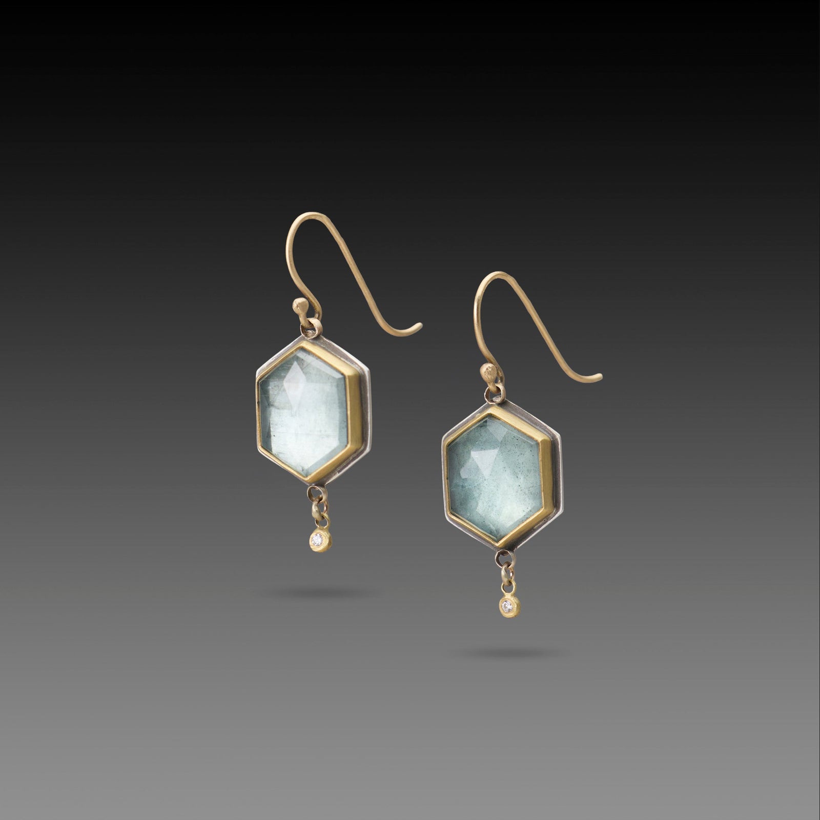 Aquamarine Hexagon Earrings with Diamond Drops
