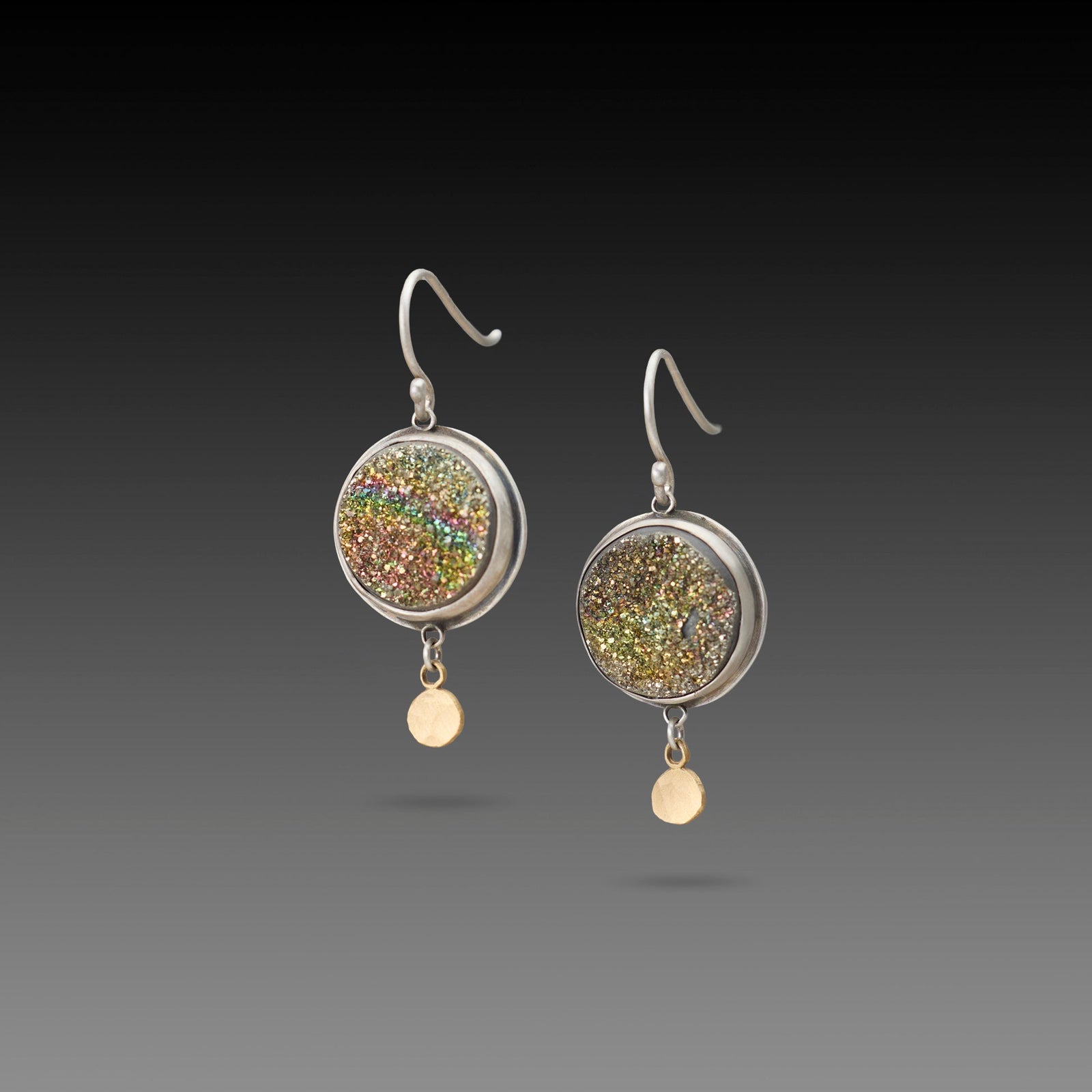 Pyrite Druzy Earrings with 22k Dots