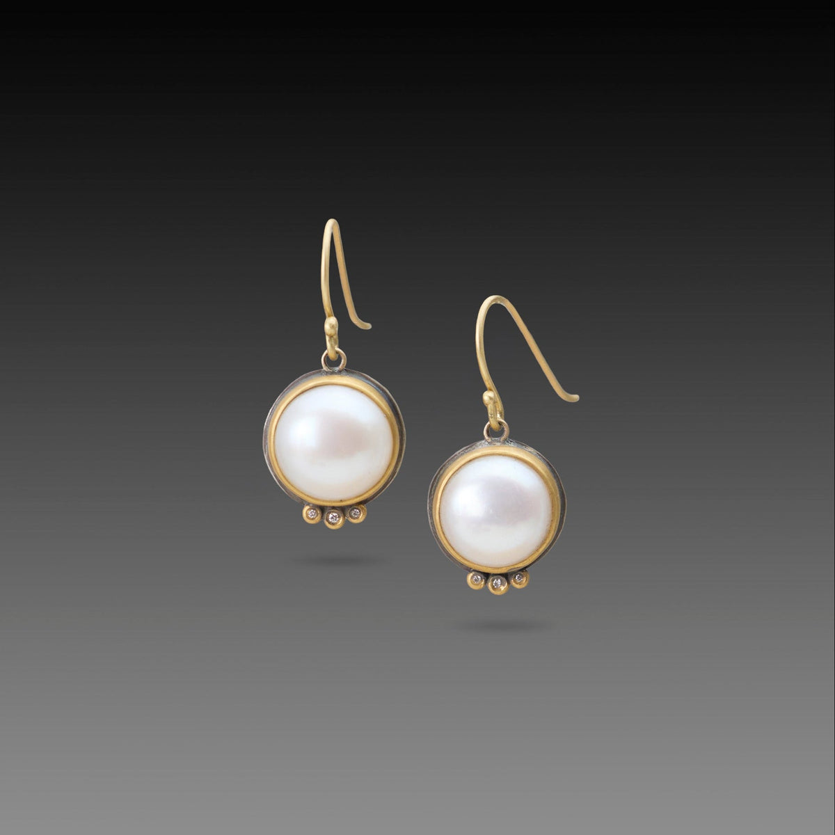 Pearl Drop Earrings with Diamond Trios
