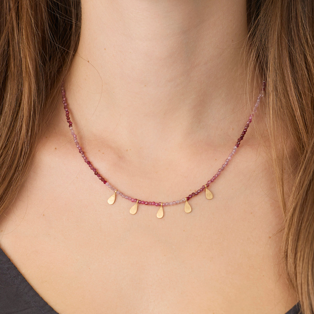Ombre Spinel Beaded Necklace with 22k Teardrops