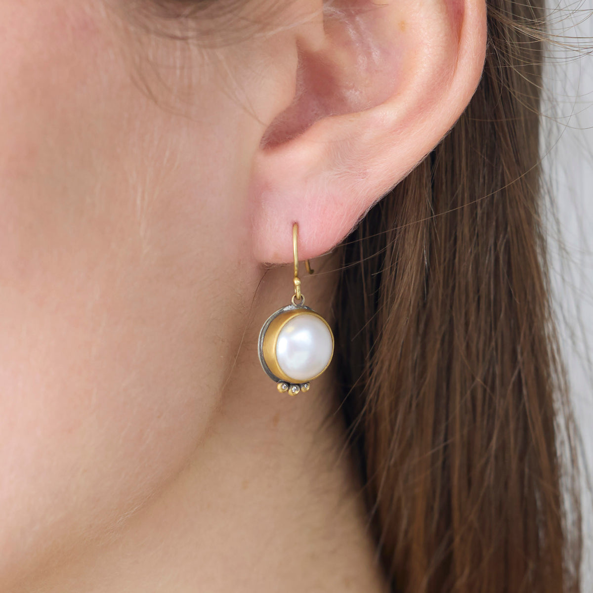 Pearl Drop Earrings with Diamond Trios