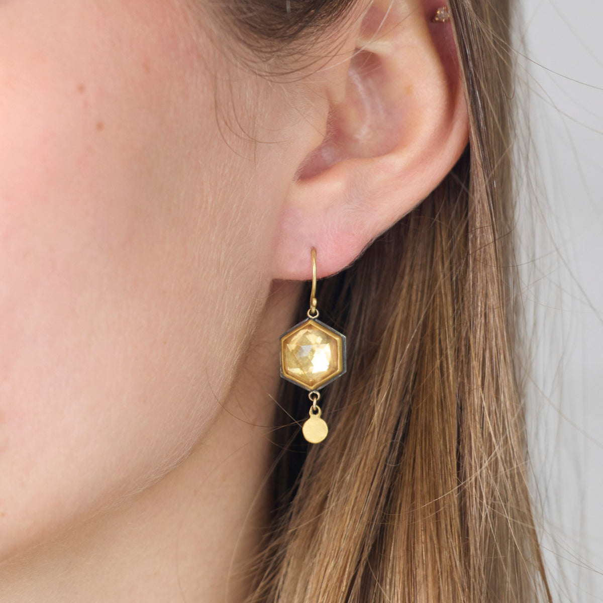 Citrine Hexagon Earrings with 22k Disks