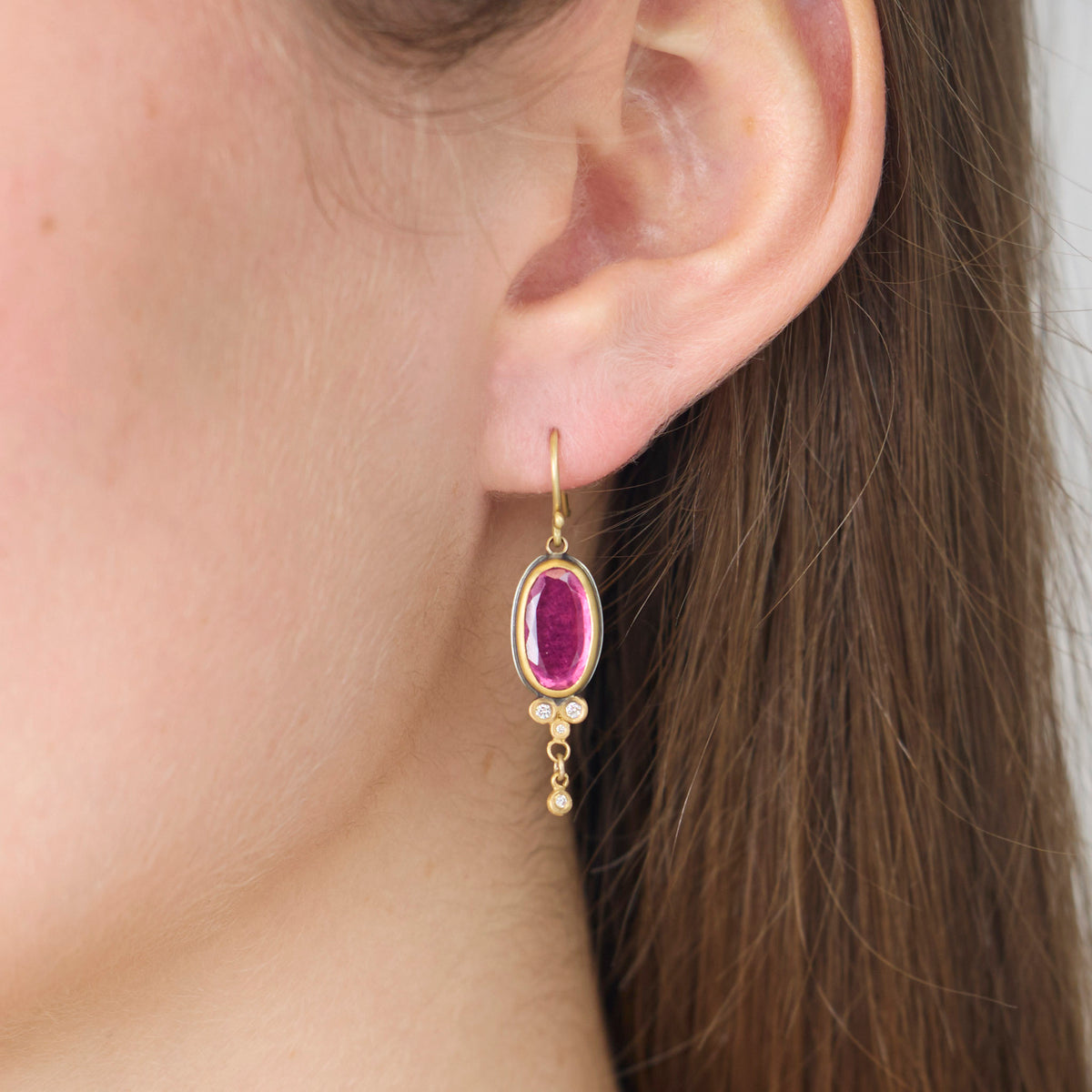 Magenta Tourmaline Earrings with Diamonds