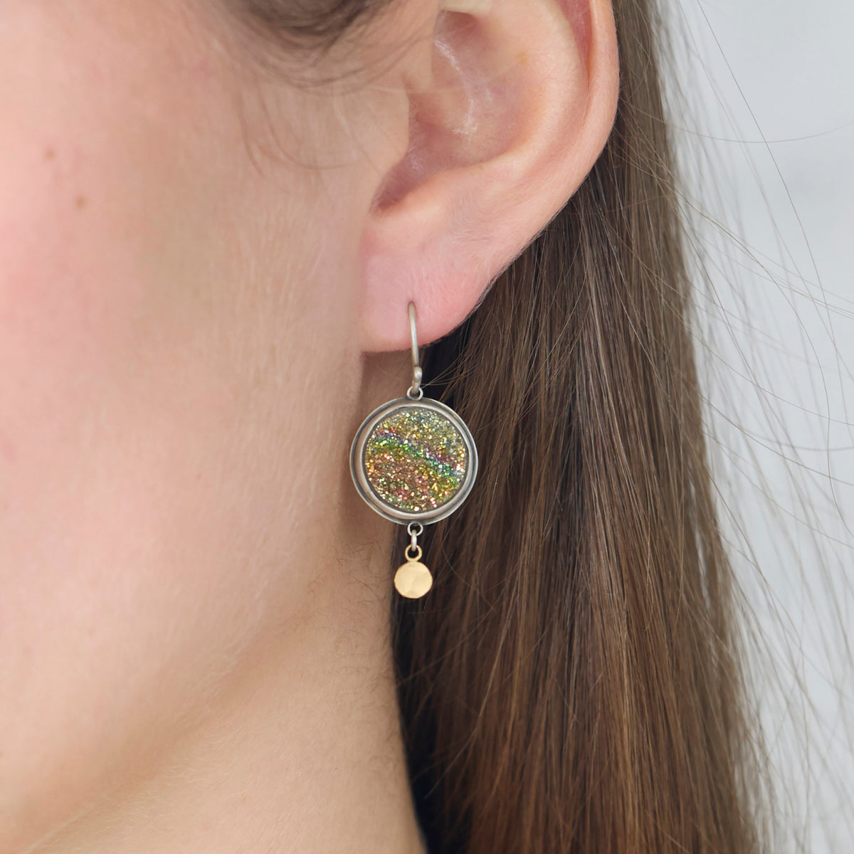 Pyrite Druzy Earrings with 22k Dots