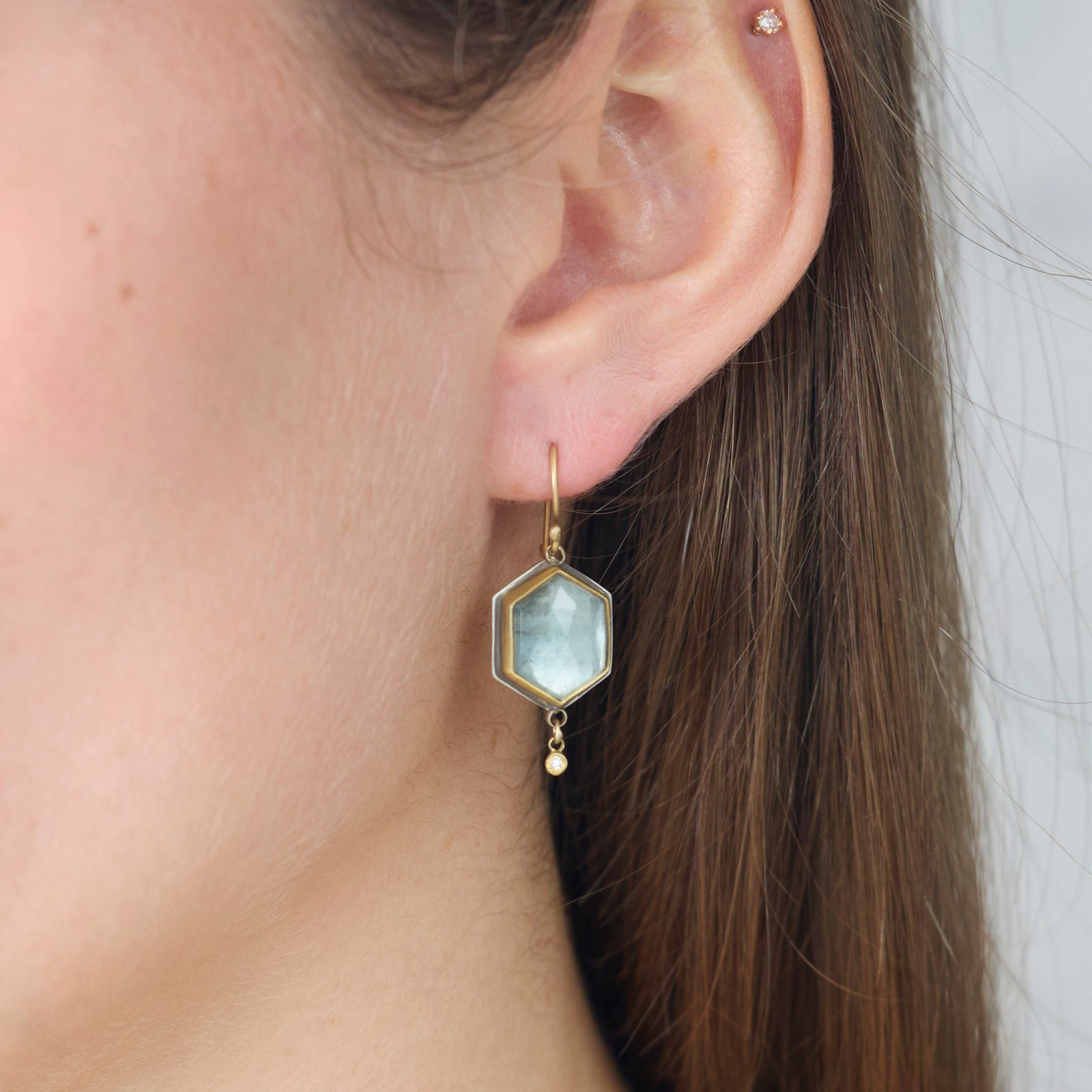 Aquamarine Hexagon Earrings with Diamond Drops
