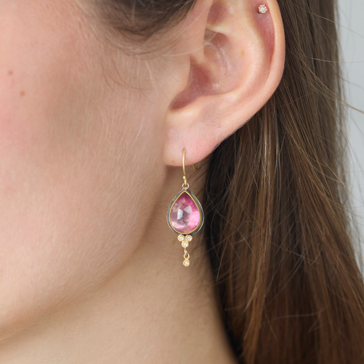 Pink Tourmaline Teardrop Earrings with Diamonds