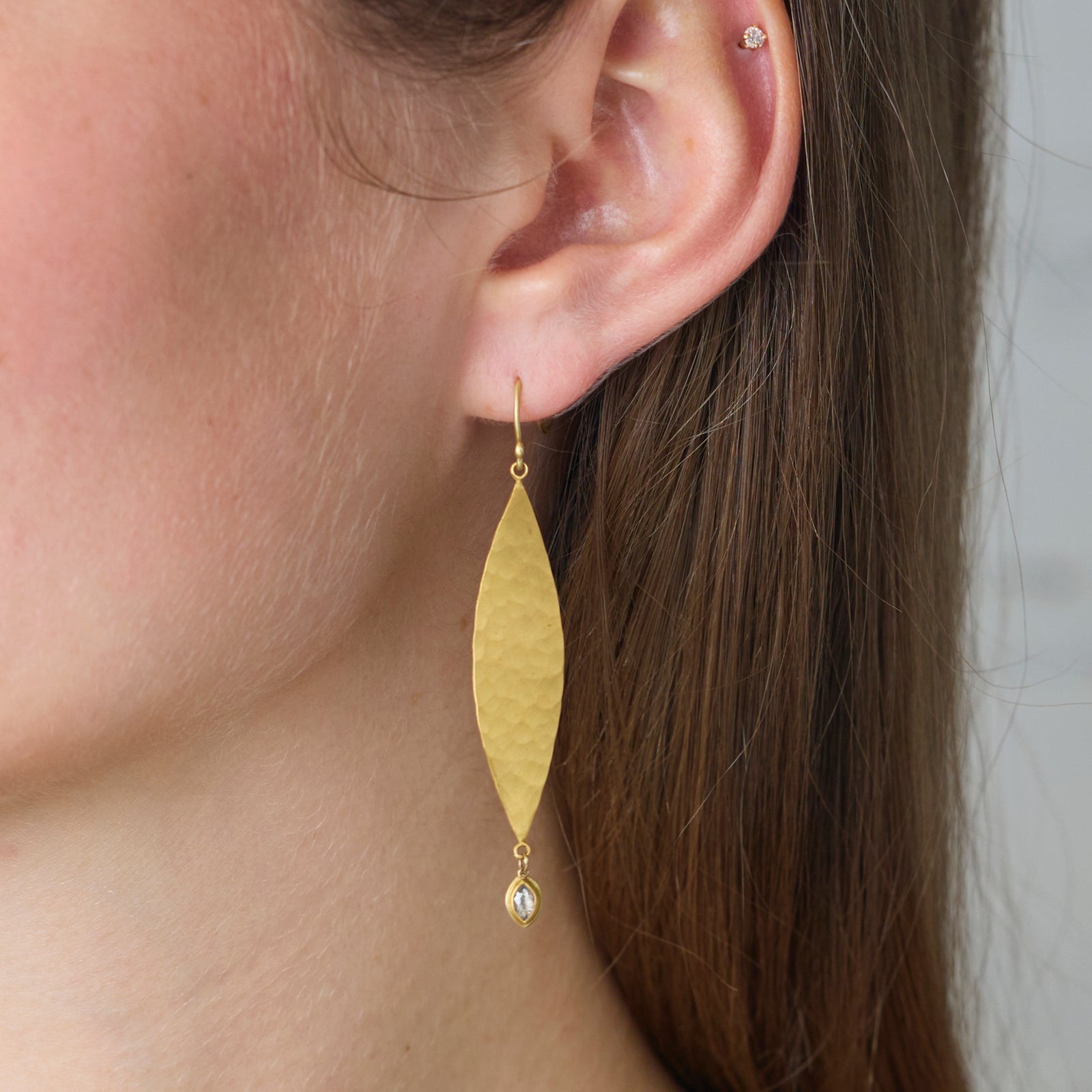 Gold & Gray Diamond Hammered Leaf Earrings
