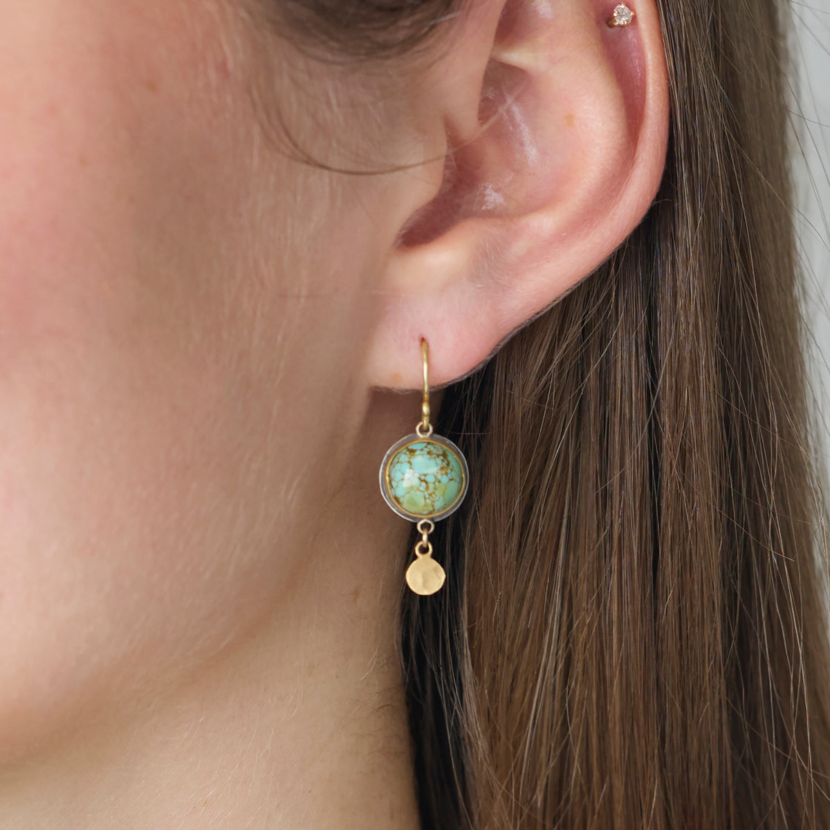 Mossy Turquoise Earrings with 22k Disk Drops