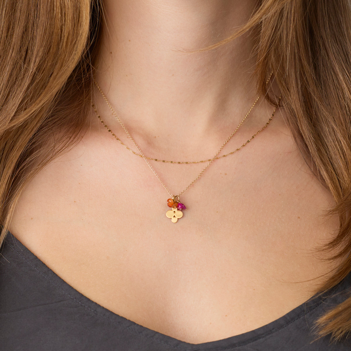 Gold Charm Necklace with Ruby and Carnelian