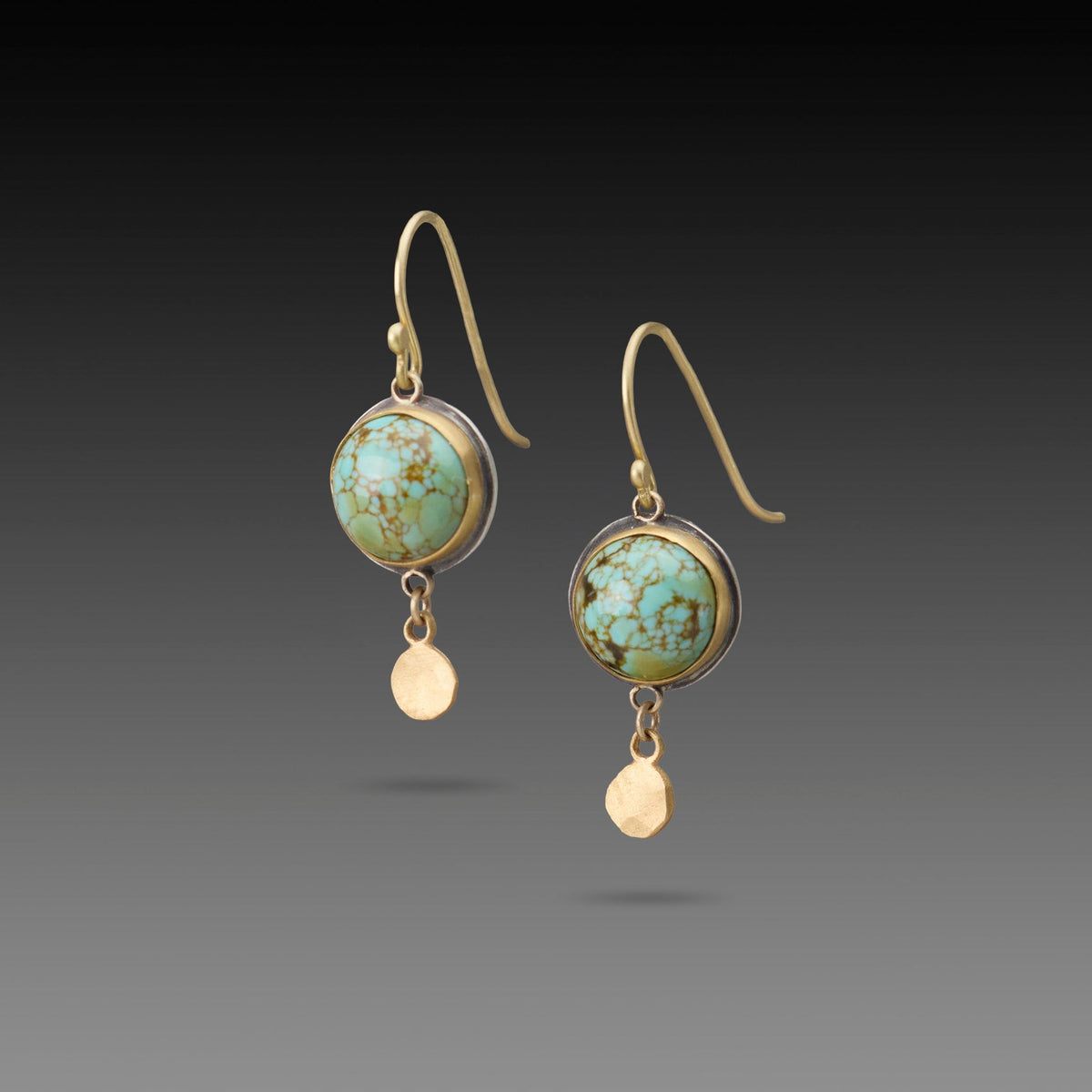 Mossy Turquoise Earrings with 22k Disk Drops