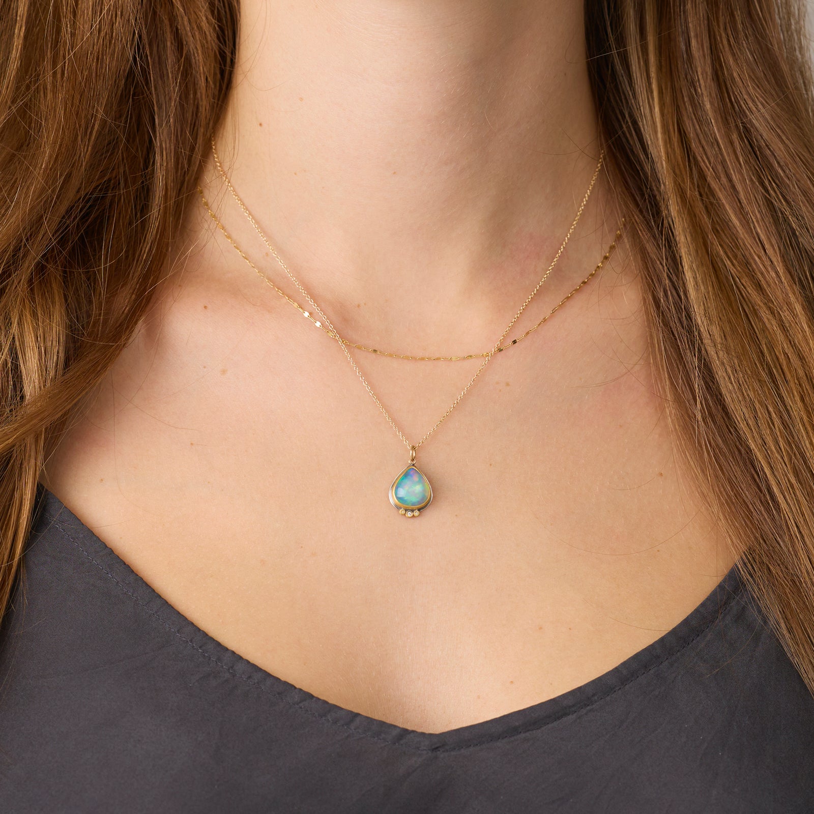 Ethiopian Opal Teardrop Necklace with Diamond Trio