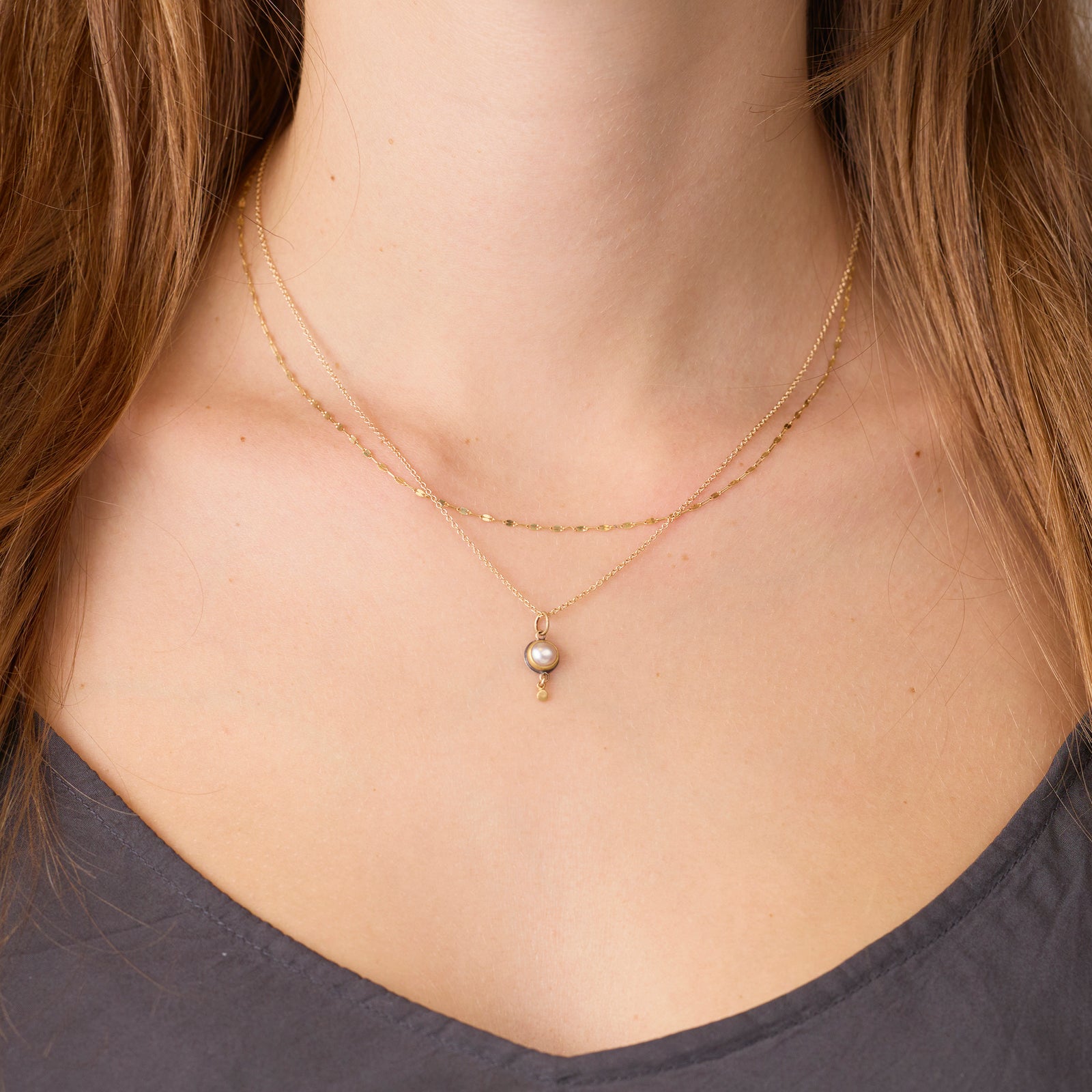 Dainty Pearl Necklace with Gold Drop