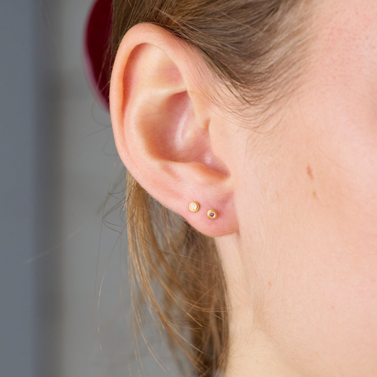 Gold Dot Stud Earrings with Pink Sapphires
