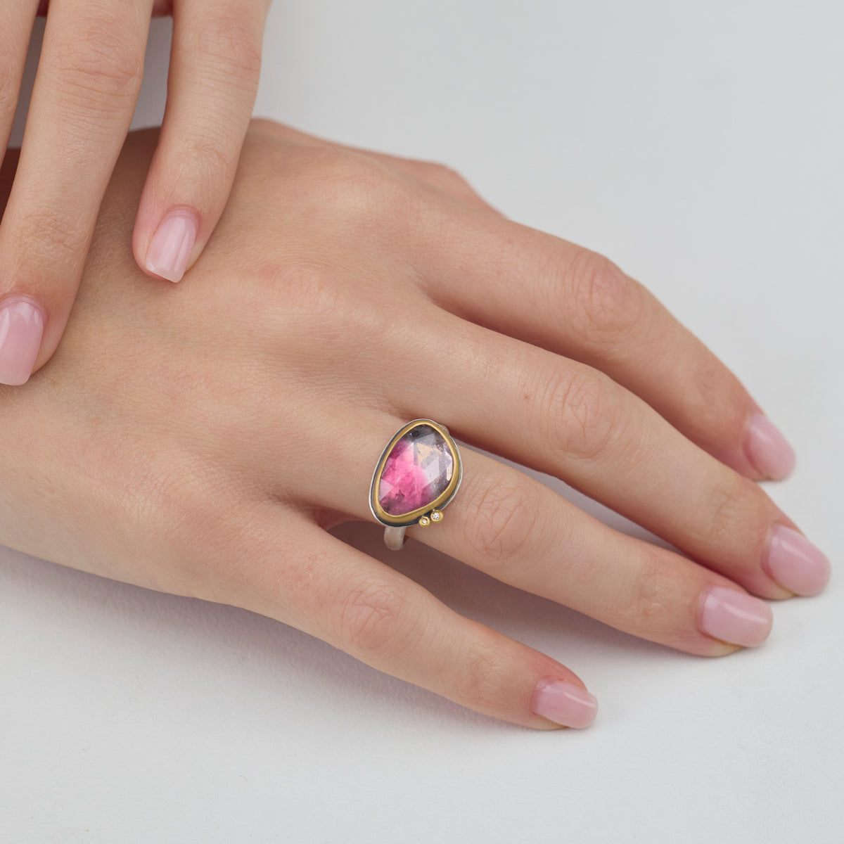 Rosy Glow Tourmaline Ring with Diamond Duo