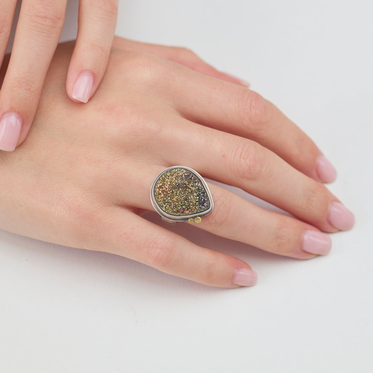 Pyrite Druzy Ring with 22k Dots